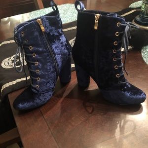 Adorable Navy “Velvet” Lace Up Booties